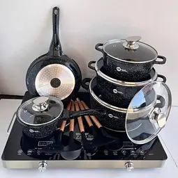 Набір посуду Higher Kitchen HK-305 17 предметів з кришками з гранітним покриттям каструлі, ківш, сковорода