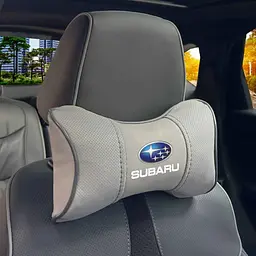 Подушка на підголівник з логотипом Subaru Екошкіра 3D Кольоровий лого Сірі-Сірий кант 1 шт