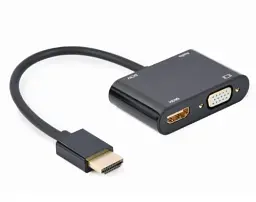 Перехідник HDMI (M) - HDMI (F) / VGA (F), Cablexpert, Black, 15 см, 3.5 мм для передачі звуку, microUSB для додаткового живлення (A-HDMIM-HDMIFVGAF-01)