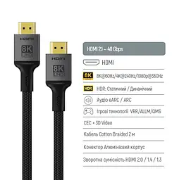 Кабель HDMI Colorway CB-HD088BK UHD v2.1 8K 48Gbit HDR Ethernet ARC 2 м - мініатюра 4