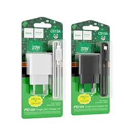 Мережевий зарядний пристрій Hoco CS13A Ocean single port PD20W charger set(C to iP) чорний - мініатюра 5