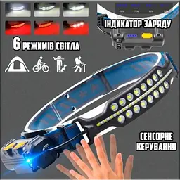 Світлодіодний налобний ліхтар з датчиком руху і червоним світлом для риболовлі та кемпінгу - мініатюра 6