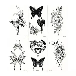 Набір тимчасових тату Метелики та квіти №2 black-tattoo-mini-set-f02 із 6 чорних по 9,5 х 5,5 см