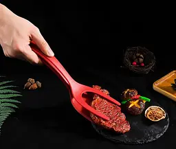 Лопатка-щипці 2в1 для перевертання та захоплення продуктів 31 см, Kitchen Master Червоний 87414 - мініатюра 3