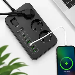 Мережевий фільтр Earldom SC14 2 м 3000W з 3 розетками, 4 USB та 2 USB-C, чорний - мініатюра 3