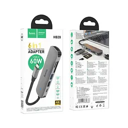 Type-C(PD) HUB Hoco HB28 Type-C multi-function converter (HDTV+USB3.0+USB2.0+SD+TF+PD) Metal Grey - мініатюра 5