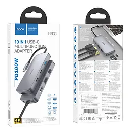 Мульти адаптер хаб Hoco HB33 10в1 Type-C to USB 3.0/ 2 USB 2.0/ Type-C/ HDMI/ VGA/ RJ45/ AUX/ SD/ TF PD 100W 0.18m сірий - мініатюра 8