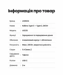 Кабель UGREEN US535 USB-C - USB-C PD 240 Вт 2 м чорно-сірий (90440) - мініатюра 2