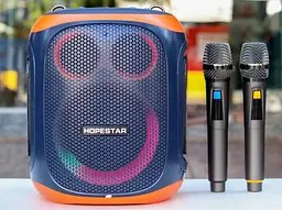 Портативна акумуляторна бездротова колонка Bluetooth 2 мікрофона караоке акустична система 120Вт з LED світломузикою Hopestar Party 130 чорний - мініатюра 7