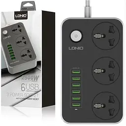 Мережевий фільтр LDNIO SC3604 подовжувач 2 м 3 розетки 6 USB із захистом сіро-чорний - мініатюра 2