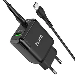 Мережевий зарядний пристрій Hoco N5 1USB + Type-C PD20W+QC3.0 3A Black + Cable Type-C to Type-C - мініатюра 2