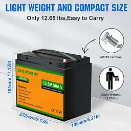 Акумулятор Eco-Worthy LiFePO4 12V (12.8V/50Ah/640Wh) (Eco-Worthy-1250) [164620] - мініатюра 3