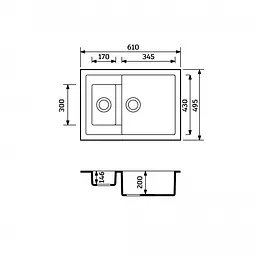 Кухонна мийка Adamant DUPLEX чорний металік 610x495x200 мм, з додатковою чашею 61 см - мініатюра 2