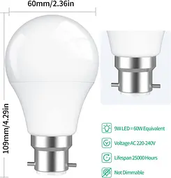 Світлодіодна лампа LEDYA B22 Bayonet 60 Вт, 9W 3000K Warm White BC GLS Frosted Light Bulbs, 806 Lumens, Non Dimmable, A60 - мініатюра 2