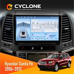 Штатна магнітола Hyundai Santa Fe 2006-2012 Cyclone C9-012 4x64, DSP, 4G Cyclone (НФ-00007879)