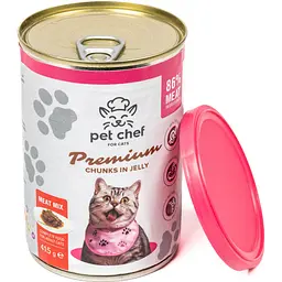 Вологий корм для дорослих котів Pet Chef Шматочки в желе М'ясний мікс 415 г - мініатюра 3