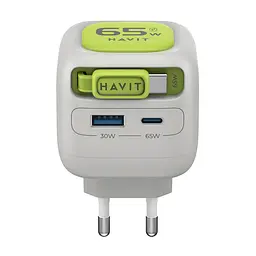 Зарядний пристрій HAVIT UC253 GaN 65W USB-A+USB-C +Кабель USB-C Gray/Green HAVIT (29277-000) - мініатюра 2