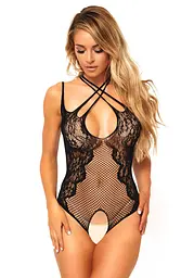 Тедді з відкритим доступом Leg Avenue Net і lace crotchless teddy One size Black шнурівка на спині - мініатюра 3