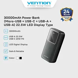 Зовнішній акумулятор Vention FHM 30000mAh 22.5W Power bank чорний - мініатюра 7