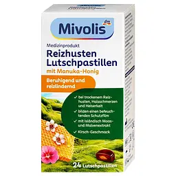 Льодяники для горла від сухого кашлю ісландський мох і мед Mivolis Reizhusten-Pastillen Manuka 24 шт