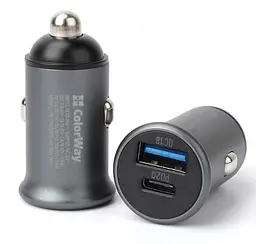 Автомобільний зарядний пристрій ColorWay, чорний, 1xUSB/QC3.0, 1xUSB-C/PD, 3A (CW-CHA029PD-GR)
