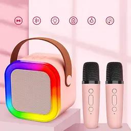 Колонка караоке та 2 мікрофони зі зміною голосу Bluetooth колонка з RGB підсвічуванням UKC K2 рожева - мініатюра 2