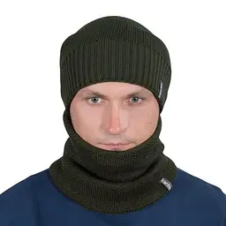 Комплект чоловіча в'язана шапка + хомут-баф-снуд на флісі теплий зимовий набір 56-60 см Хакі