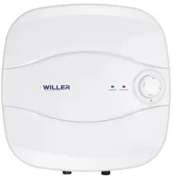 Водонагрівач Willer PA15R New optima mini, White, 1500W, 15л, мокрий ТЕН, вертикальний, механічне керування, над мийкою, квадратний, подача води знизу, зовнішній терморегулятор, D, 38.9x38.9х30.1см