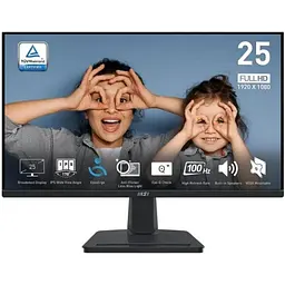 Монітор MSI 24.5` PRO MP251, Black, WLED, IPS, 1920x1080 (16:9), 1 мс, 100 Гц, 300 кд/м², 1300:1, HDR400, 178°/178°, VGA/HDMI, 2x2 Вт, VESA 100x100 мм, Adaptive Sync
