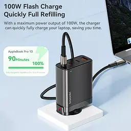 Зарядний пристрій Toocki 100W GaN P100BD12C2A0 4 порти 2C+2A чорне євровилка - мініатюра 2