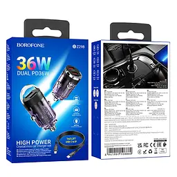 АЗП Borofone BZ29B Outstanding PD36W (2USB-C) + кабель Type-C to Lightning Transparent purple - мініатюра 3