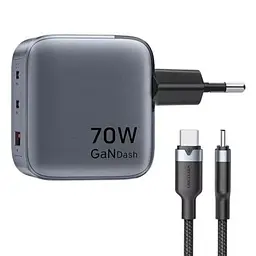 Зарядний пристрій Vention 2xUSB-C PD70W + 1xUSB QC3.0 22.5W GaN + cable USB-C to USB-C 1.0m black gray (TZ-FEXH0-EU) - мініатюра 3
