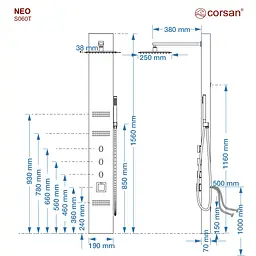 Душова панель Corsan Neo inox з термостатом S060TSL, Нержавіюча сталь - мініатюра 2