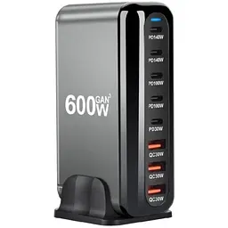 Зарядна станція ILEPO 600W багатопортова на 3 USB + 5 Type-C / мережевий мультизарядний пристрій Black (19027)