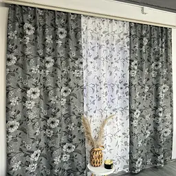 Льняні штори сірого кольору з квітами 150х270 з тюлистом батистовим 400х270 на тасьме ALBO pbe0052611 - мініатюра 4