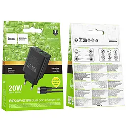 МЗП Hoco CS94A Leader PD20W+QC3.0 (1USB-A/1C) + кабель Type-C to Type-C Black - мініатюра 2