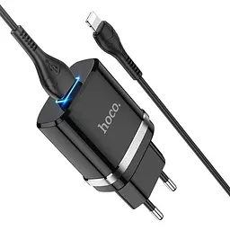 Мережевий зарядний пристрій 1USB Hoco N1 Ardent 2.4A Black + USB Cable Lightning - мініатюра 4