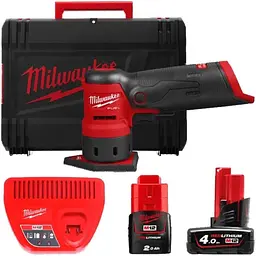Вібраційна акумуляторна безщіткова шліфувальна машина MILWAUKEE, M12 FDSS-422X (зарядний пристрій, 1×2 А·год, 1×4 А·год, HD-кейс)