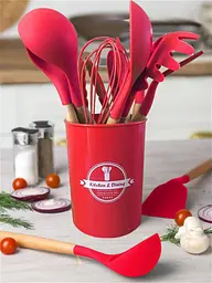 Силіконовий кухонний набір приладдя Kitchen & Dining 12 предметів (дерево+силікон) червоний - мініатюра 3