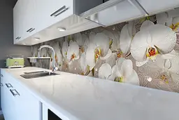 Кухонний фартух самоклеючий Орхідеї та краплі роси 02 наклейка ПВХ бежевий 65х250 см Happy Pocket Z180306