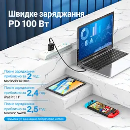 Кабель Vention TAKHF USB-C - USB-C кутовий 90° PD 100 Вт 1 м сірий (TAKHF) - мініатюра 10
