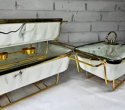 Набір з 3-х мармітів керамічних прямокутних Kitchen з кришкамискла Біло Золотий - мініатюра 3
