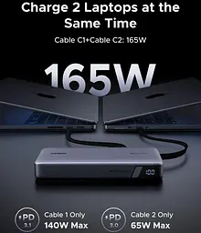 УМБ Ugreen 25000mAh 165W PD3.1/QC, USB-A,USB-С IN/OUT, with built in 2xUSB-C cables (PB552) Gray - мініатюра 3