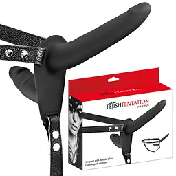 Подвійний страпон Fetish Tentation Strap-On With Double Dildo 15 см чорний - мініатюра 4