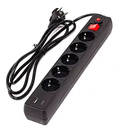 Мережевий фільтр GTL EU05FK, 5 розеток, 1.8 м, Black, 1xType-C / 1xUSB (2.1A), 10А, до 2.3 кВт, виключатель, заземление, 3x0.75 мм² (GTL-XH-EU05FK-1.8
