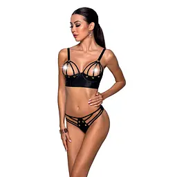 Комплект з екошкіри з люверсами та ремінцями Passion MALWIA BIKINI XXL/XXXL, black, бра та трусики - мініатюра 1