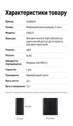 Пасивний Ethernet-розгалужувач UGREEN CM210 RJ45 100 Мбіт/с 2 шт. чорний (50923) - мініатюра 4