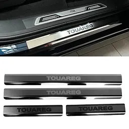 Накладки на пороги для Volkswagen Touareg III 2018- Нержавіюча сталь із загином та Логотипом 4 шт (Premium P-VW50)
