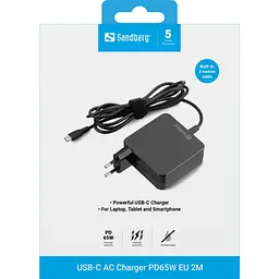 Зарядний пристрій 1xUSB 65W (USB-C) Gan, built in cable 2m, чорний Sandberg - мініатюра 2