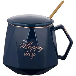 Кухоль порцеляновий BonaDi Coffee Prelude Happy Day 420 мл з кришкою і ложкою синій (984-204)